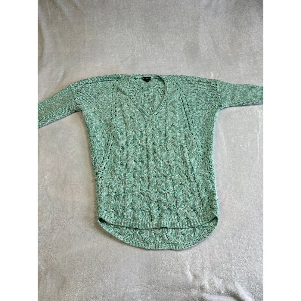 Express Teal Green Knit Ribbed Vneck Crop Sleeve Sweater size xs